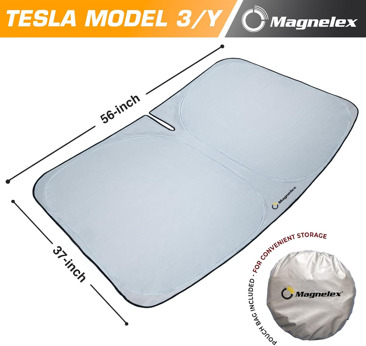 Car sunshade with dimensions and Magnelex branding on a white background