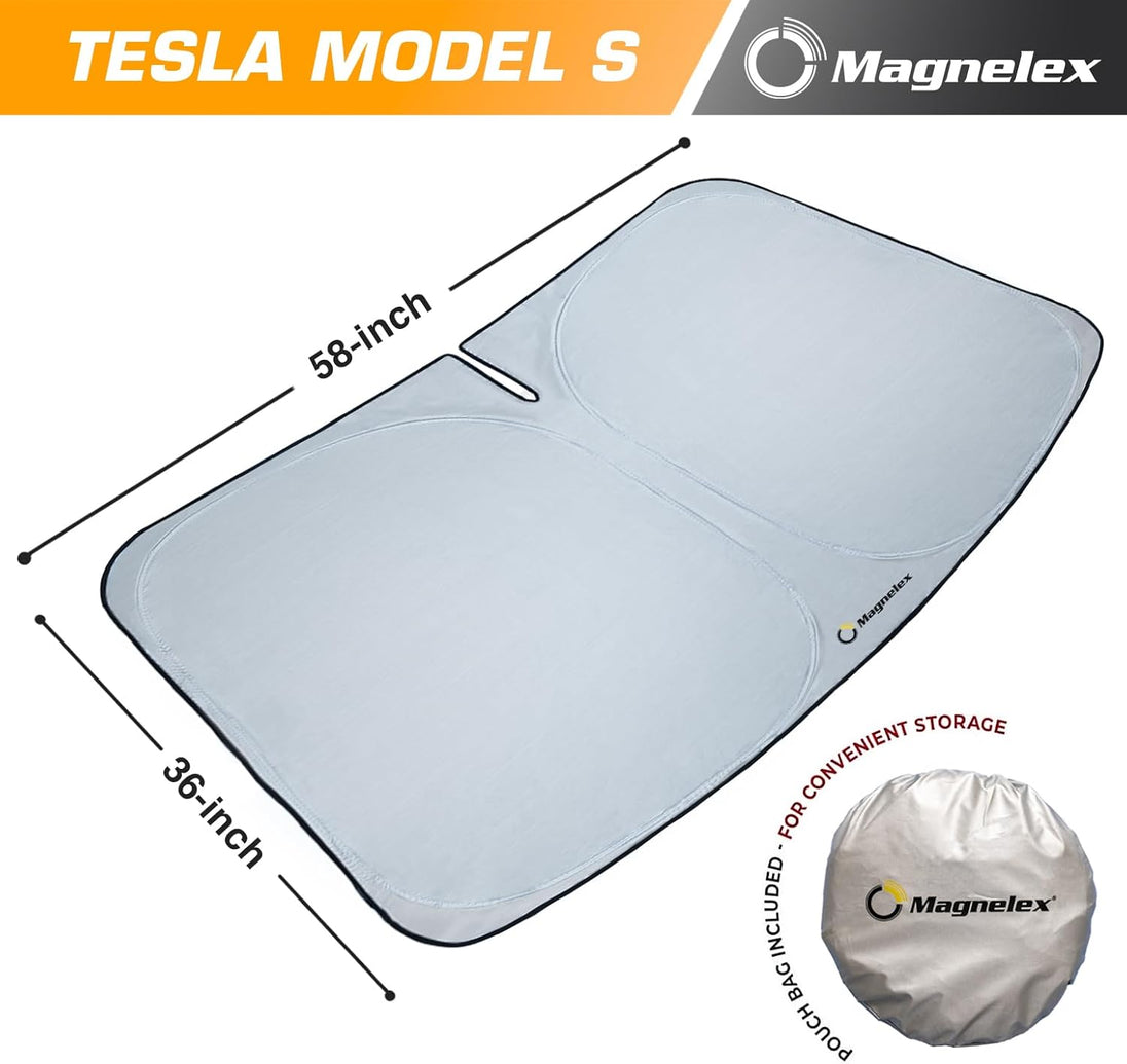 Car sunshade with dimensions for Tesla Model S, featuring Magnelex branding.