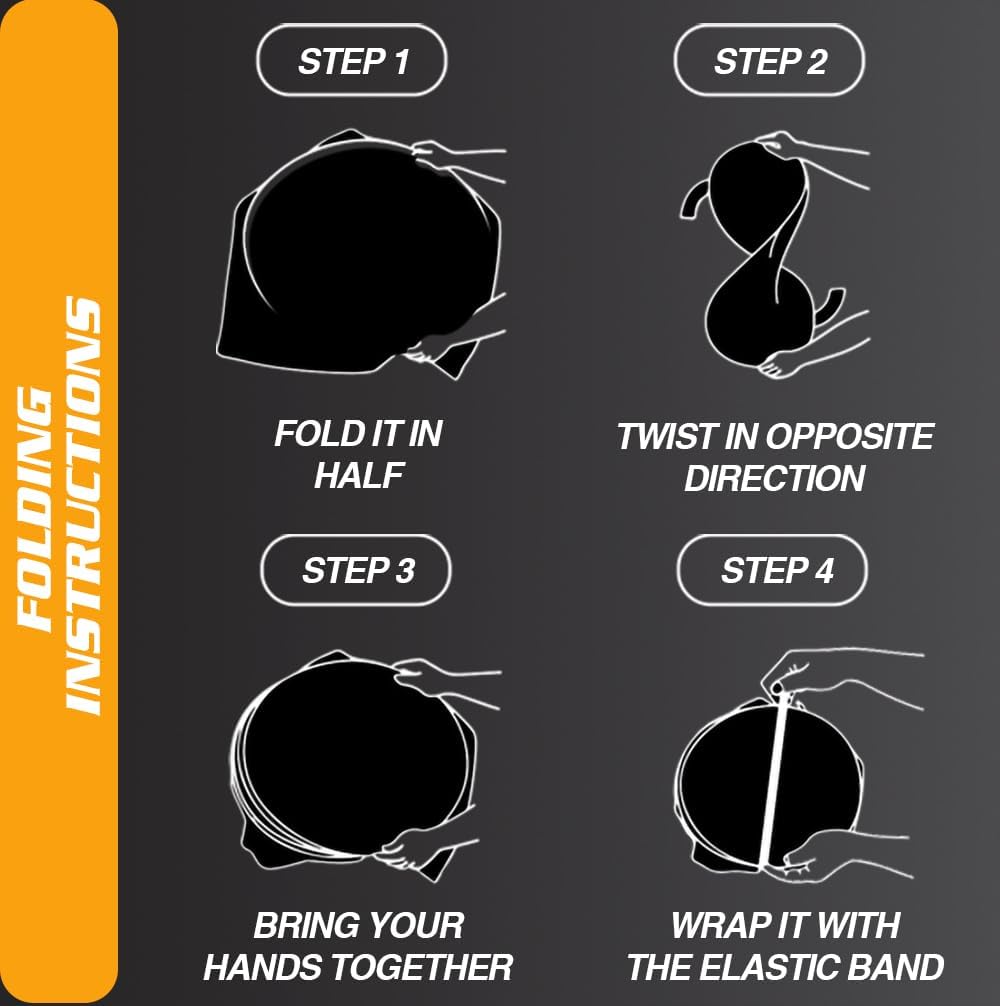 Step-by-step folding instructions for a product on a black background with orange sidebar.