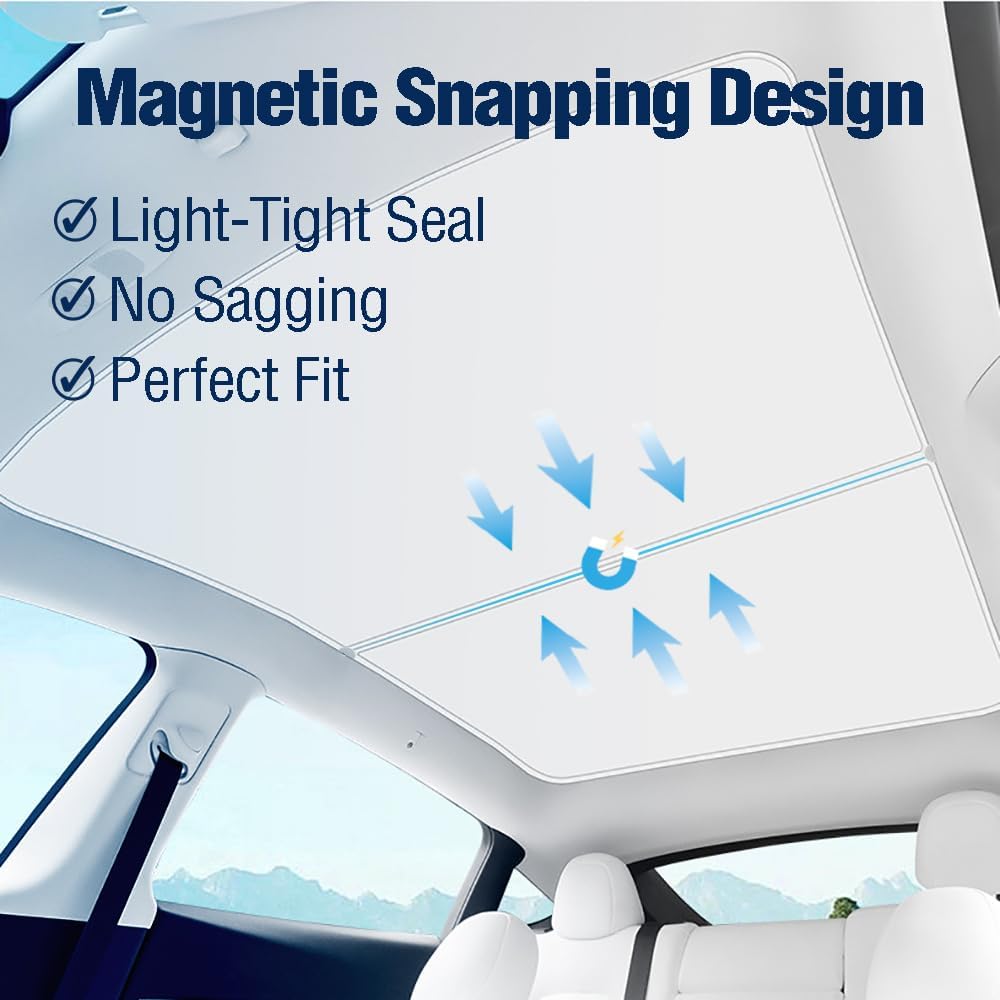 Car sunshade with magnetic snapping design features on a car interior background