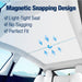Car sunshade with magnetic snapping design features on a car interior background