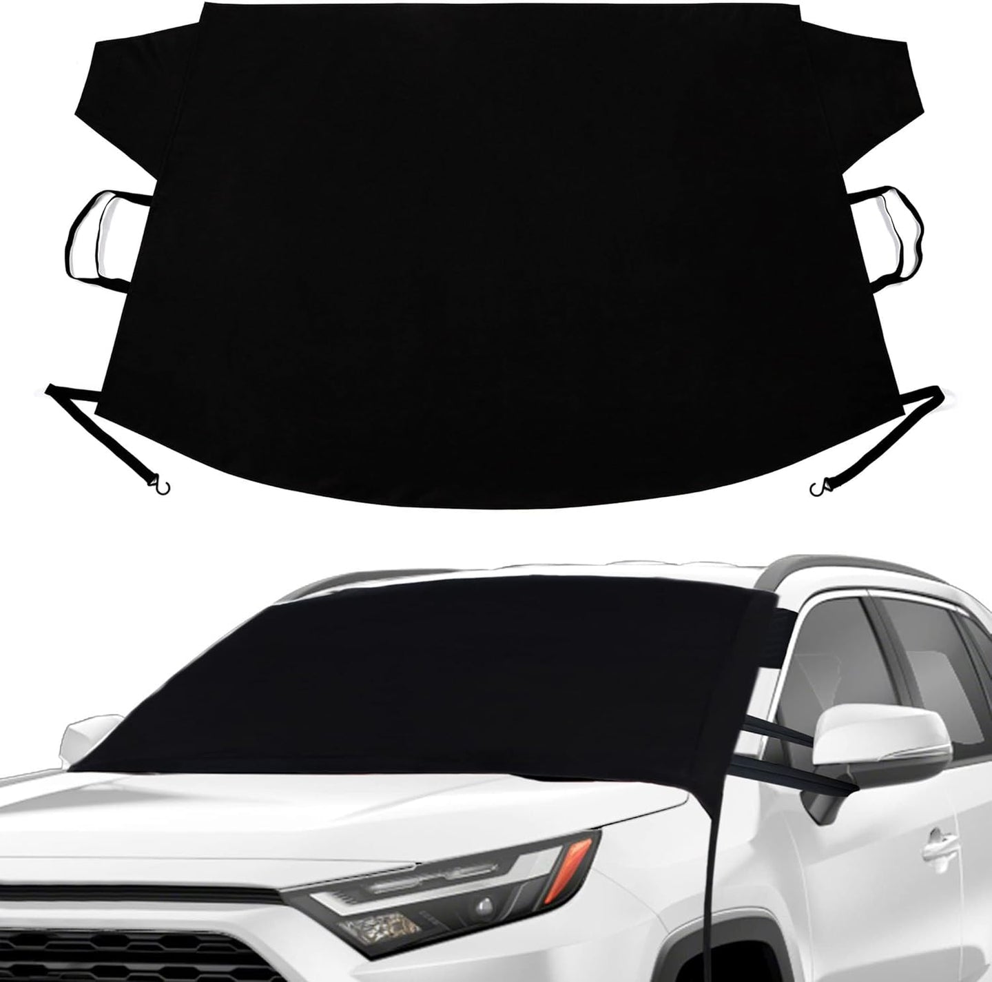 Black car windshield snow cover on a white SUV