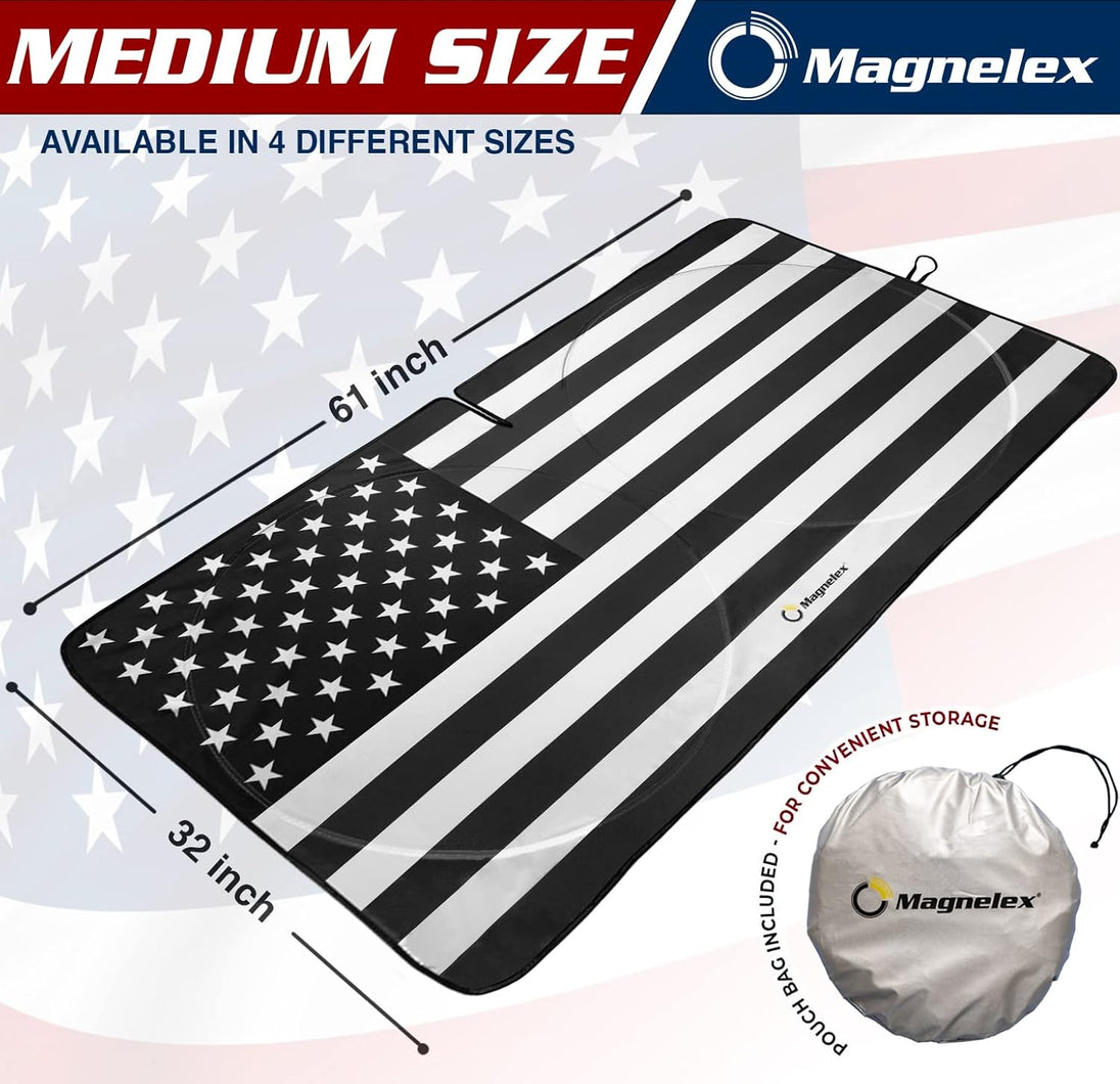 Medium Magnelex windshield sunshade with black and white American flag design, windshield coverage size guide and storage bag included.
