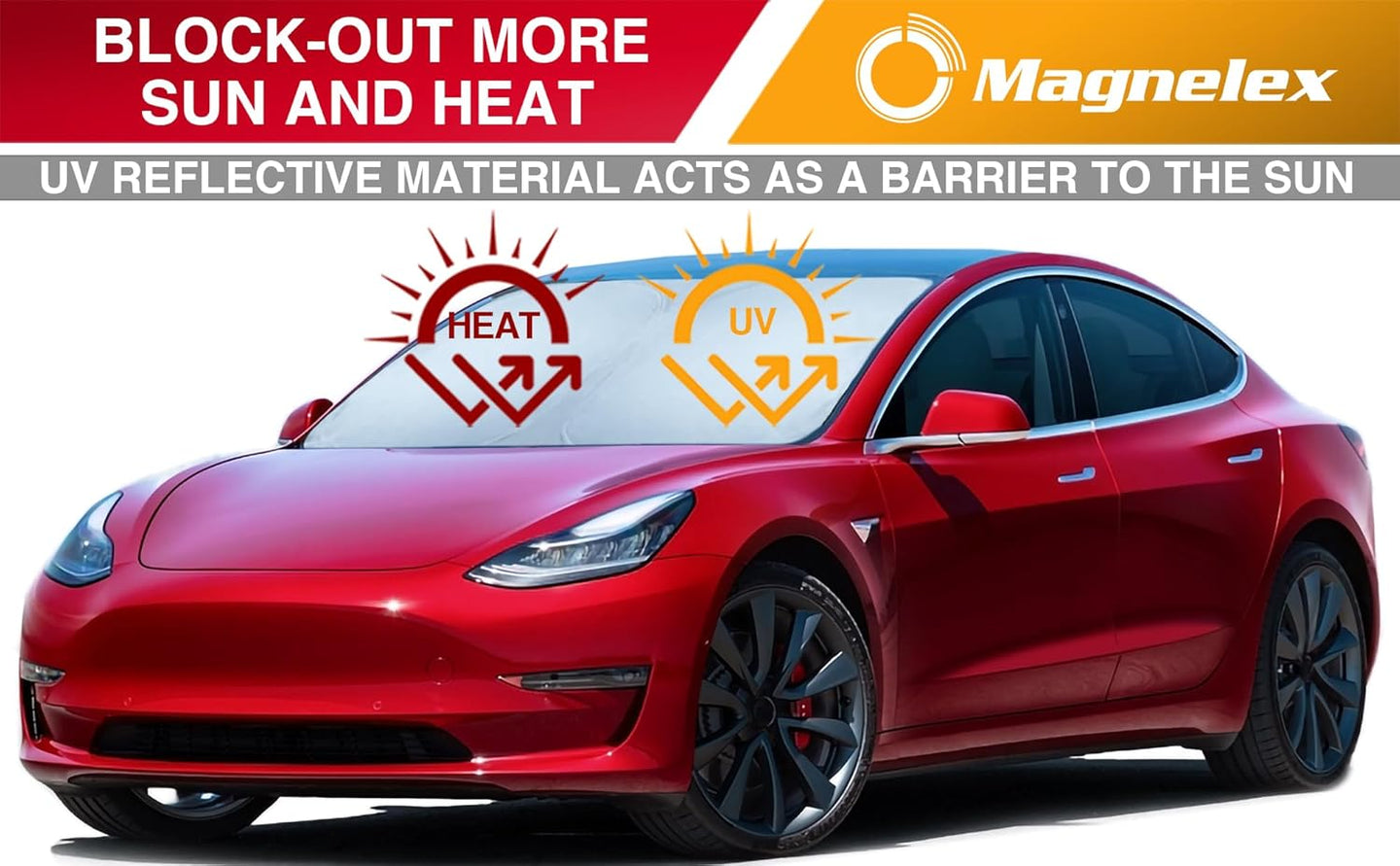 Red car with Magnelex sunshade on windshield, featuring text about blocking sun and heat.