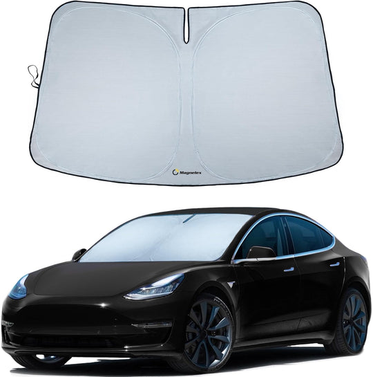 Car sunshade with a Tesla Model 3 car on a white background