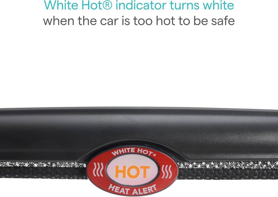 Detail view of a sun visor with a White Hot heat alert indicator signaling high interior temperature.
