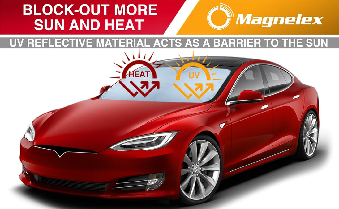 Red car with a sunshade featuring Magnelex branding and text about blocking sun and heat.