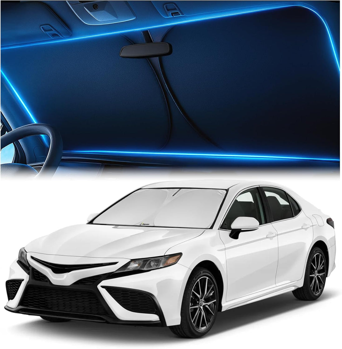 Toyota Camry with custom-fit windshield sunshade installed, showing interior heat and UV protection