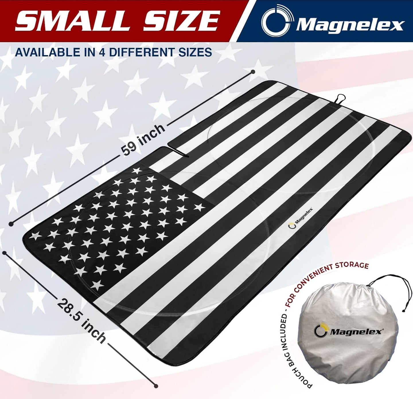 Small size Magnelex windshield sunshade with black and white American flag design, showing product dimensions and included storage pouch.