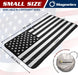 Small size Magnelex windshield sunshade with black and white American flag design, showing product dimensions and included storage pouch.