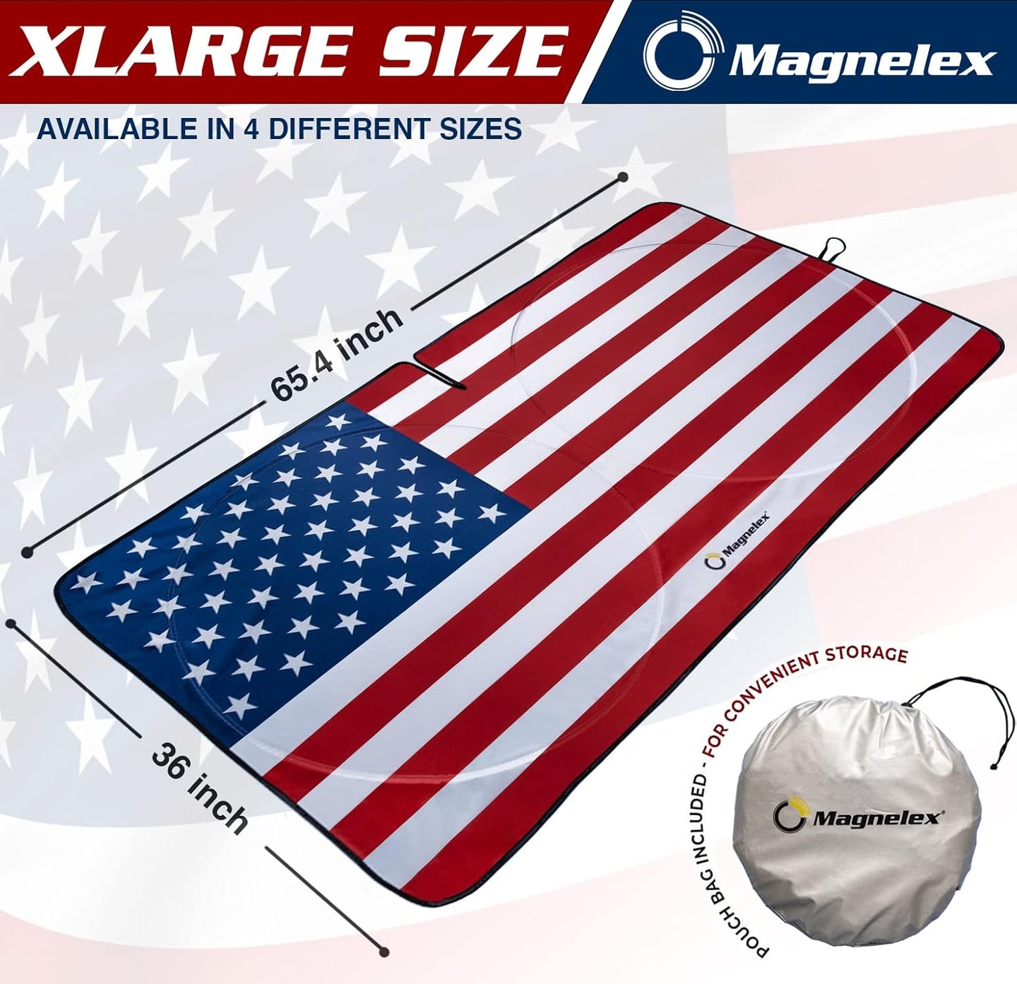 X-Large size Magnelex windshield sunshade with American flag design, showing product dimensions and included storage pouch.