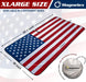 X-Large size Magnelex windshield sunshade with American flag design, showing product dimensions and included storage pouch.