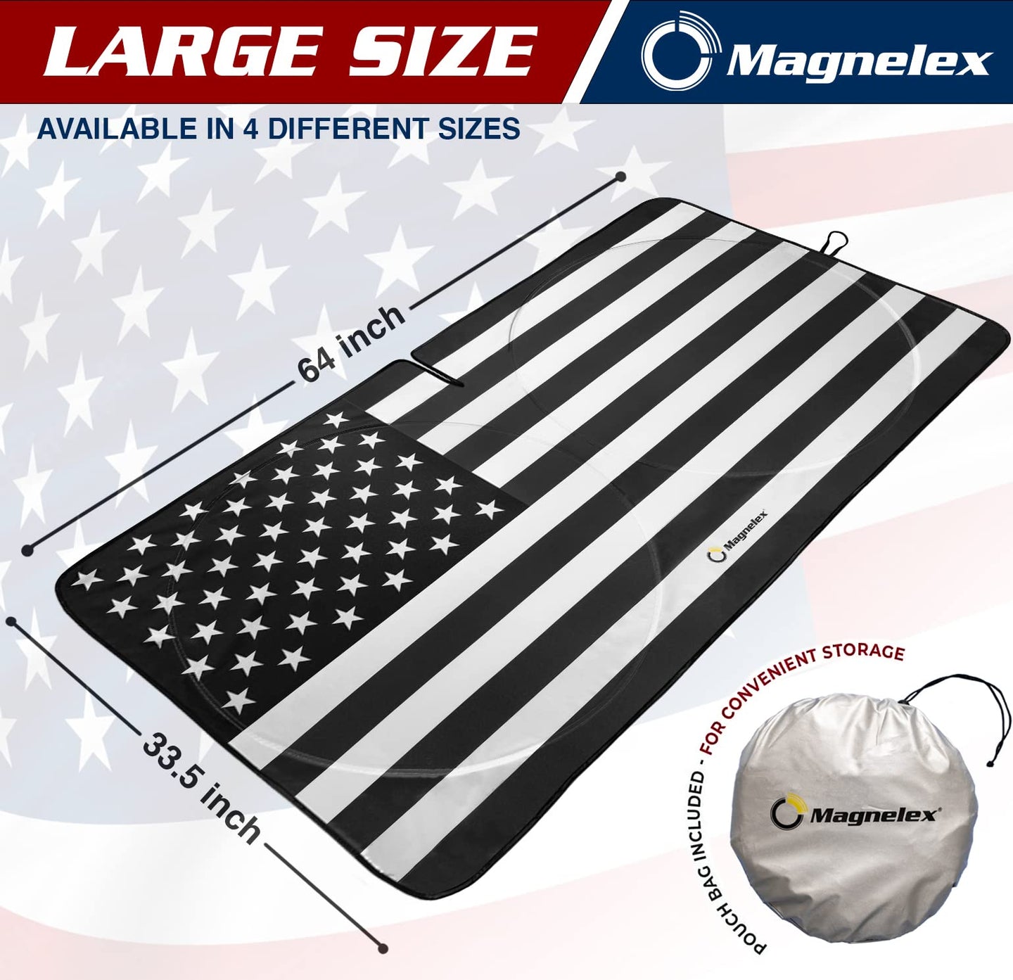 Large size windshield sunshade displayed with dimensions, black and white American flag design, including storage pouch.