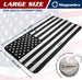 Large size windshield sunshade displayed with dimensions, black and white American flag design, including storage pouch.