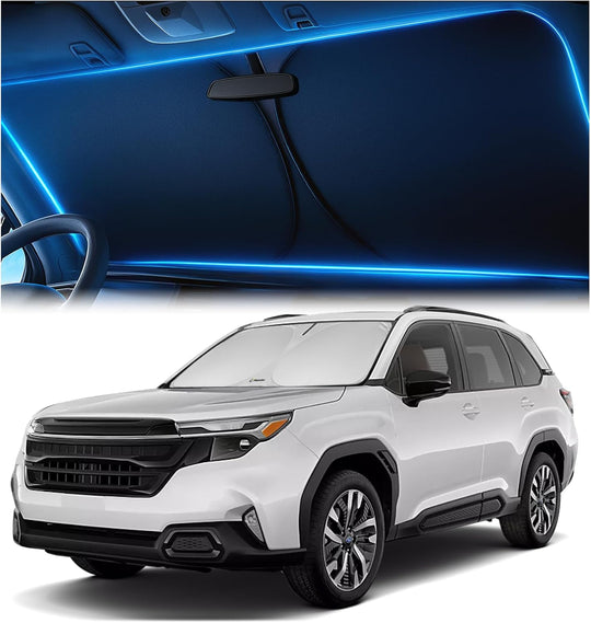 Subaru Forester windshield sunshade installed, custom fit design providing heat and UV protection for SUV interior