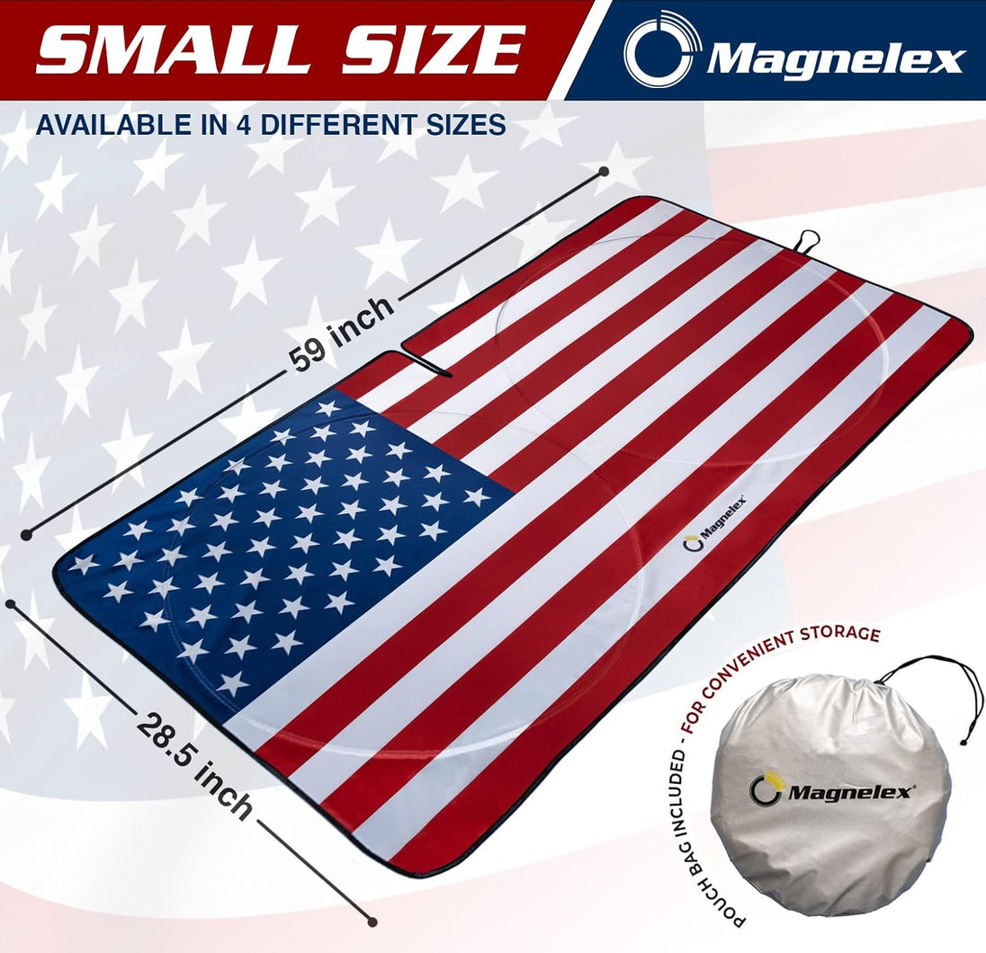 Size infographic showing the Magnelex windshield sunshade in small size with American flag design, including product dimensions and included storage pouch.