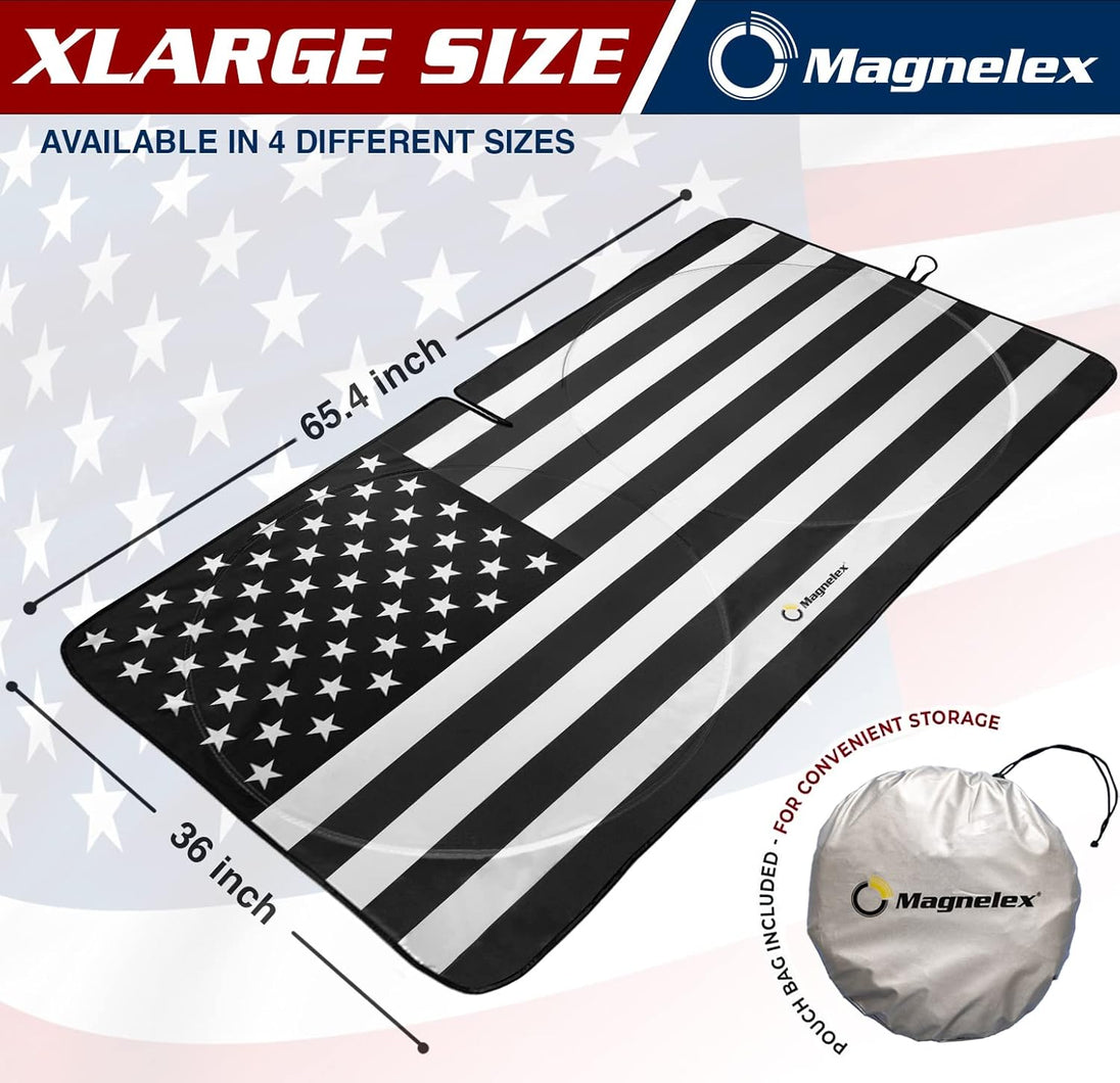 XLarge size windshield sunshade with measurement markings and storage bag.