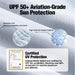 Text and graphics about UPF 50+ aviation-grade sun protection with certification details.
