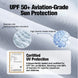 Text and graphics about UPF 50+ aviation-grade sun protection with certification details.