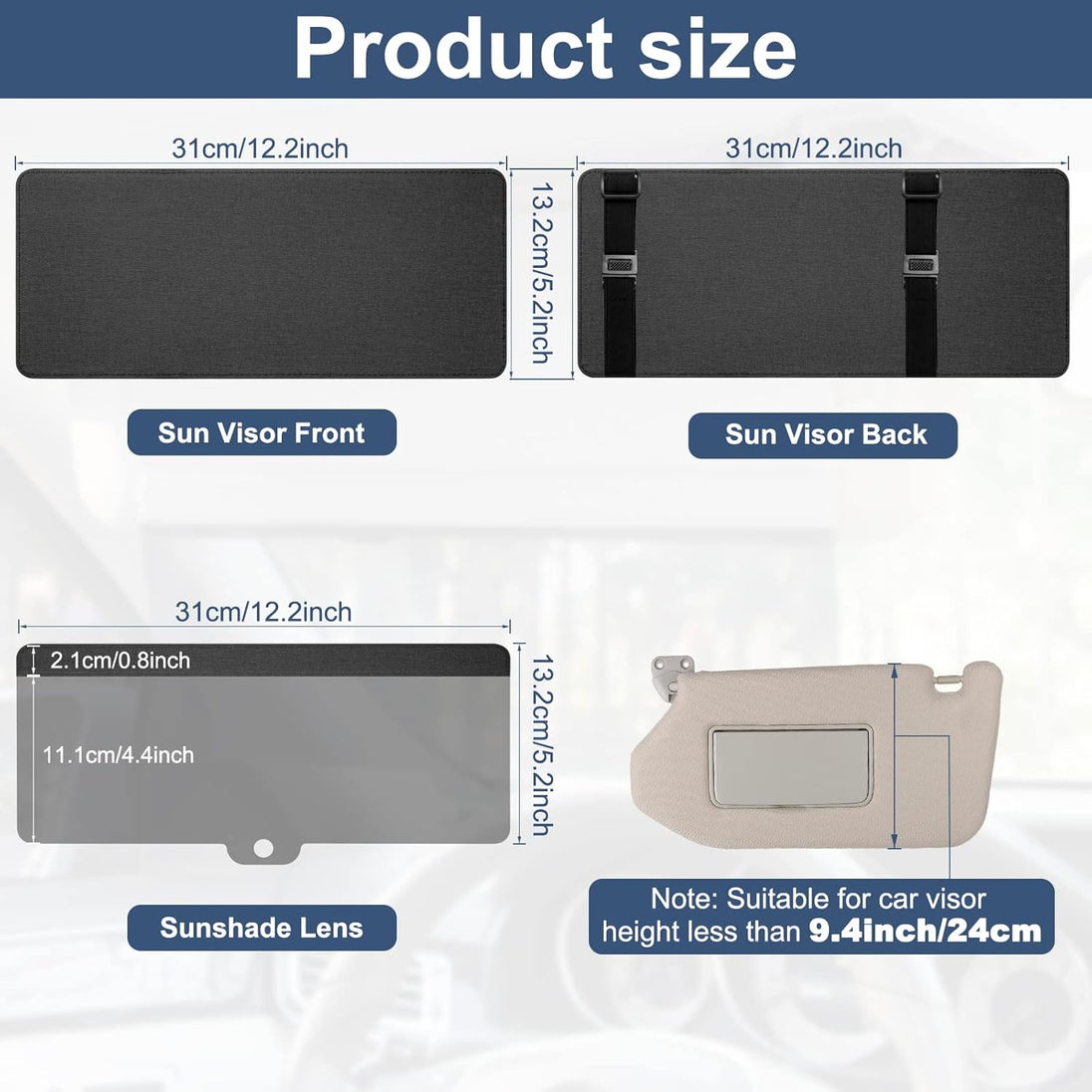 Product size infographic showing dimensions of a car sun visor and sunshade lens, including front and back views, with measurements in centimeters and inches.
