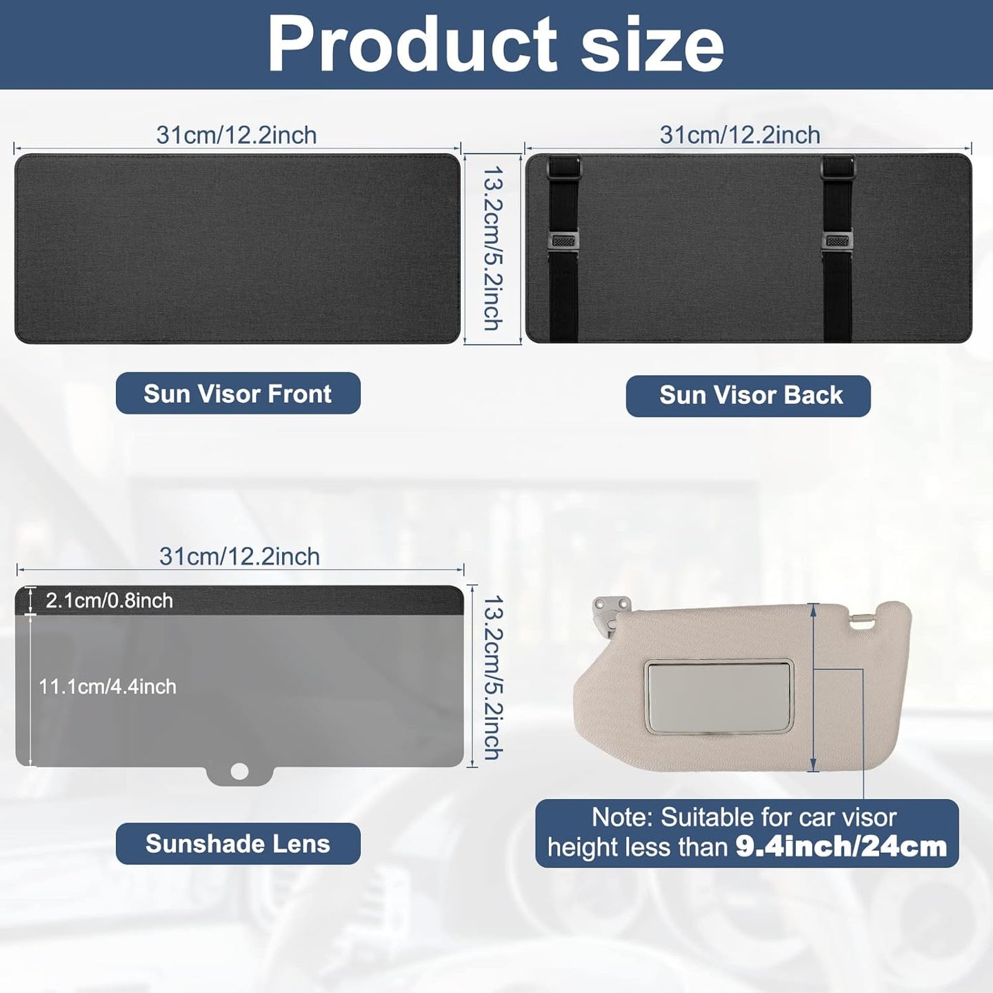 Product size infographic showing dimensions of a car sun visor and sunshade lens, including front and back views, with measurements in centimeters and inches.