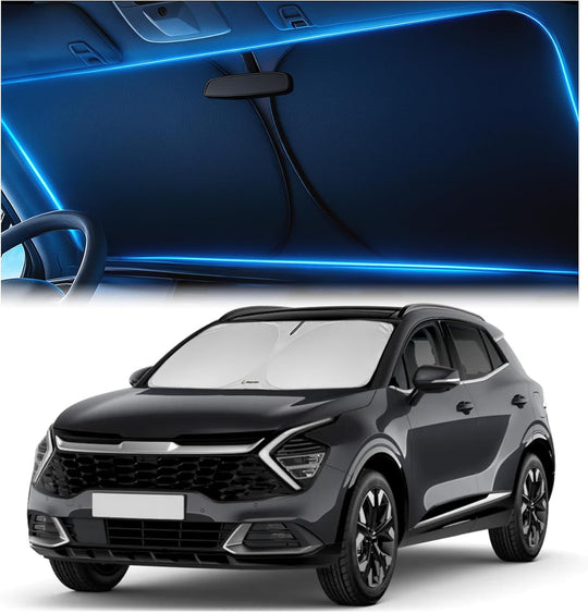 Windshield sunshade for SUV providing heat insulation and UV protection, designed to fit the windshield precisely.”