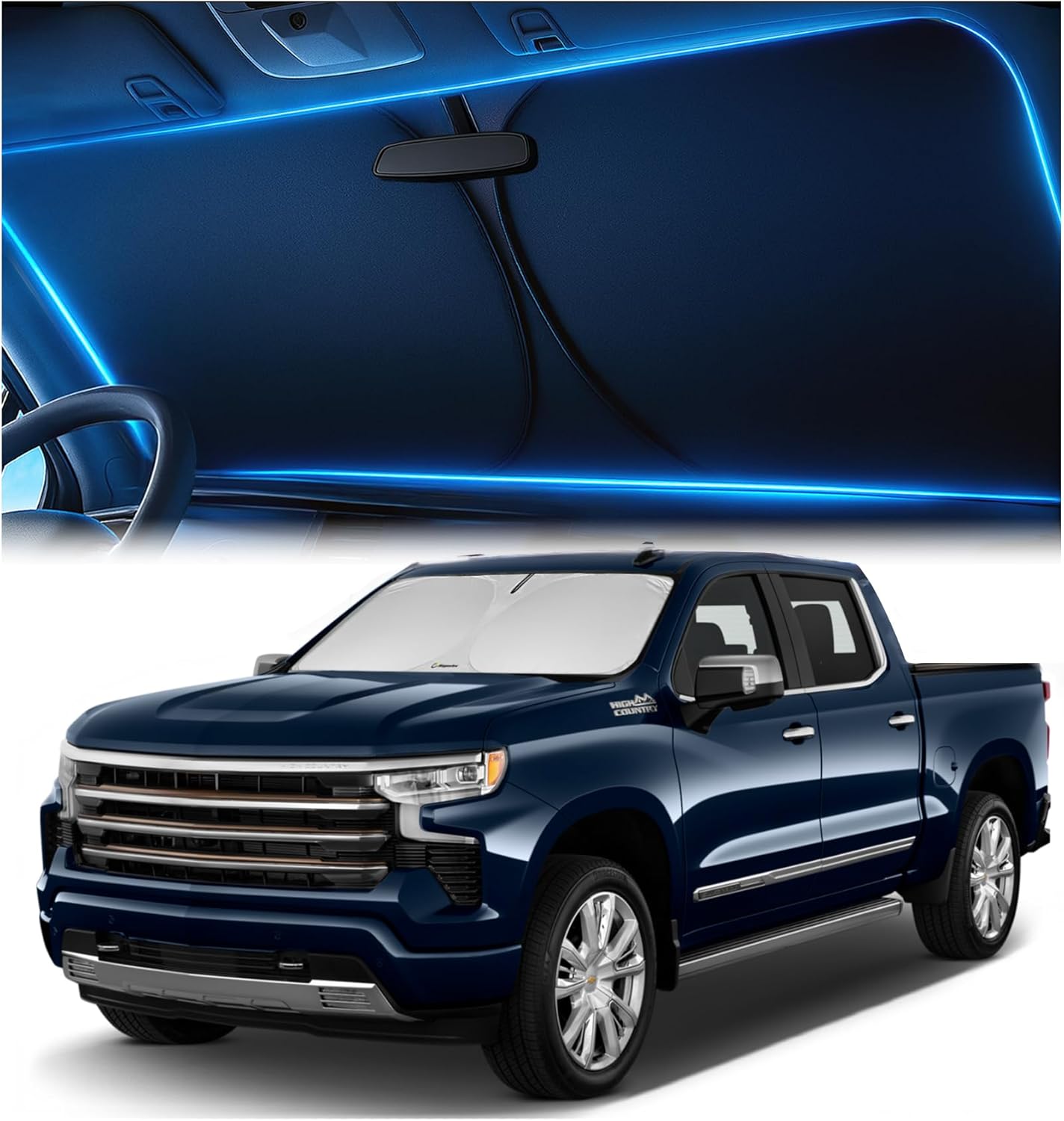 Silverado windshield sunshade providing complete sun and heat protection