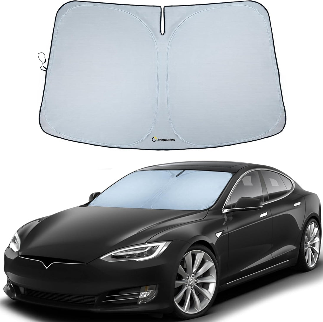 Car sunshade with Tesla Model S car on a white background