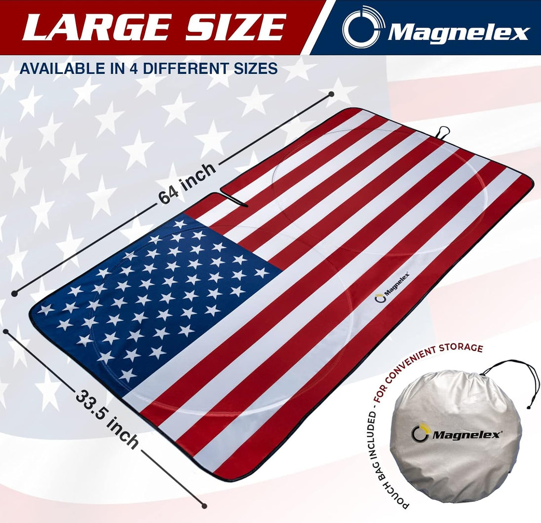 Magnelex large size windshield sunshade with dimensions and storage bag.