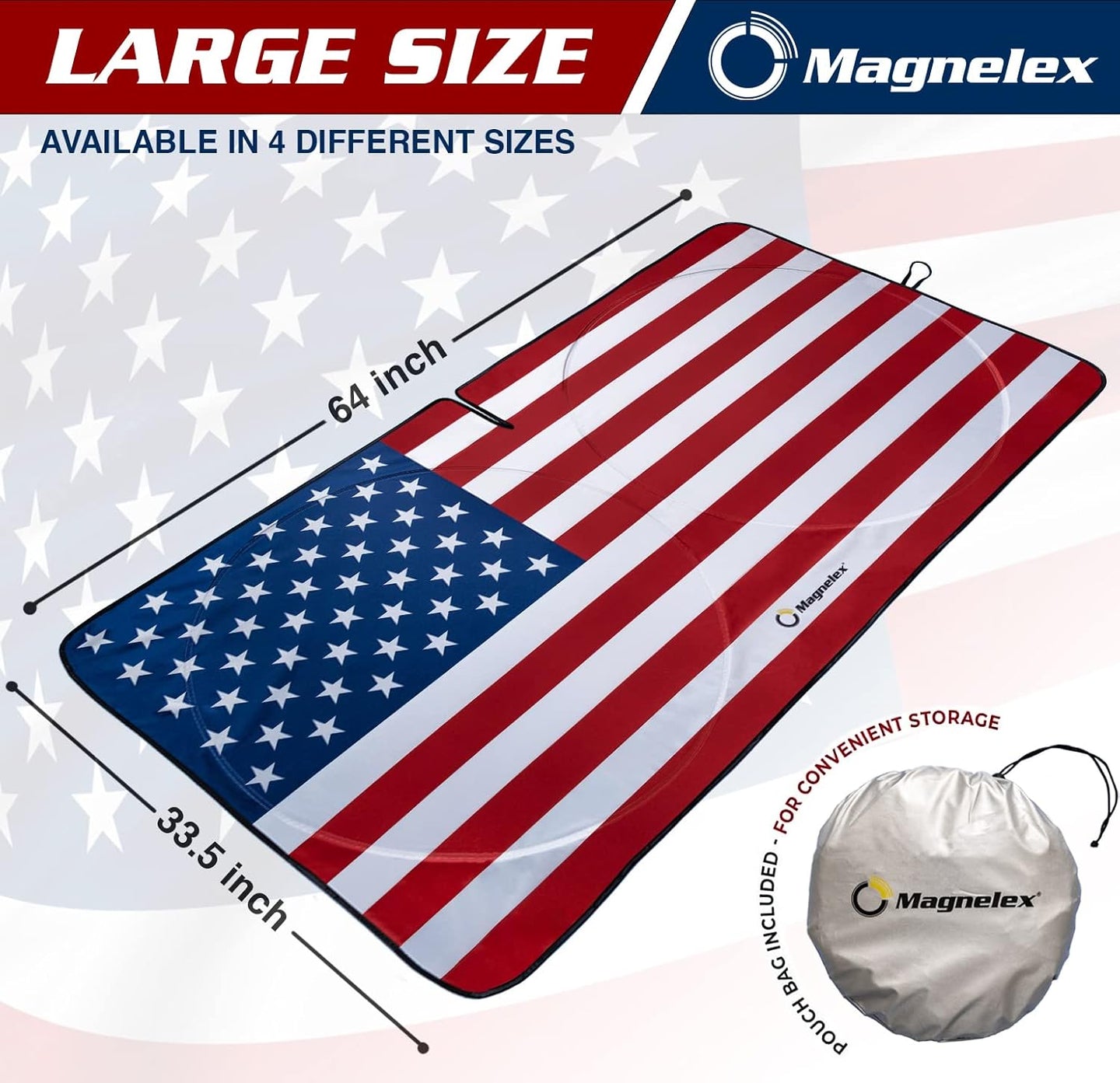 Magnelex large size windshield sunshade with dimensions and storage bag.
