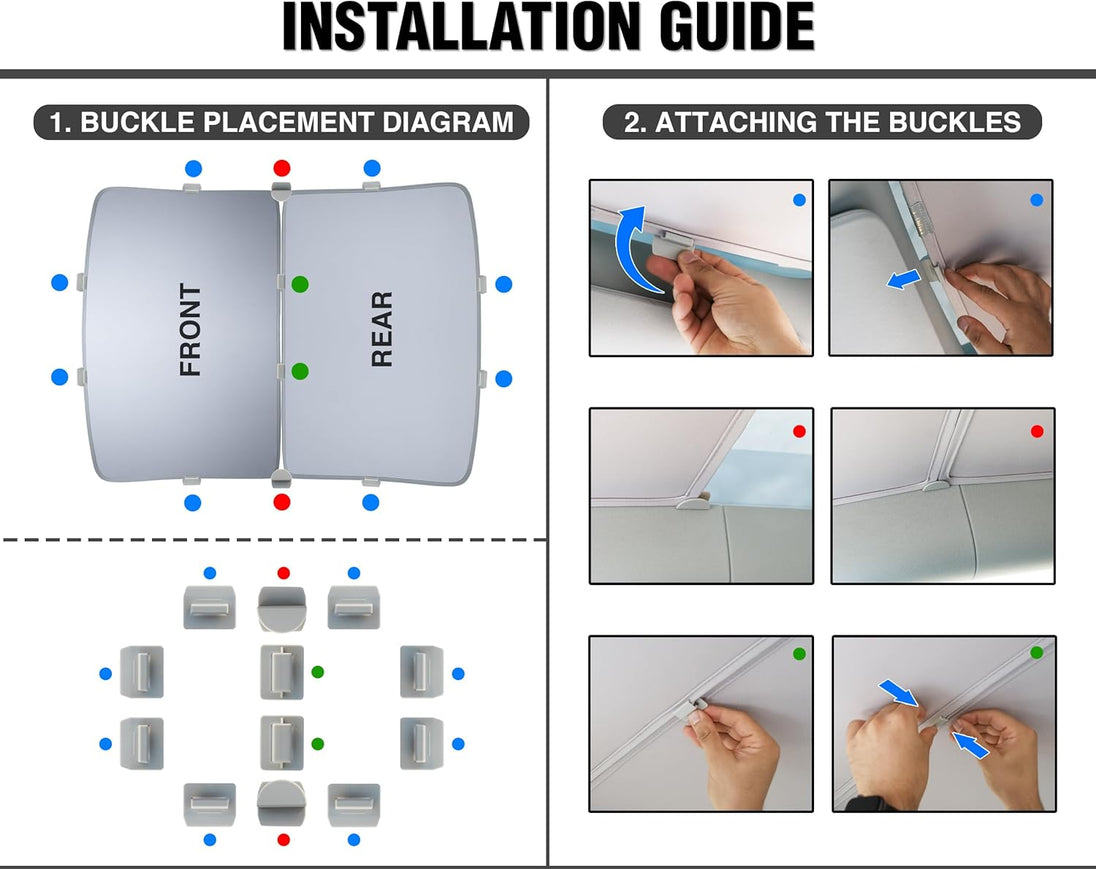 Installation guide for buckles of tesla roof shade with labeled parts and step-by-step instructions.