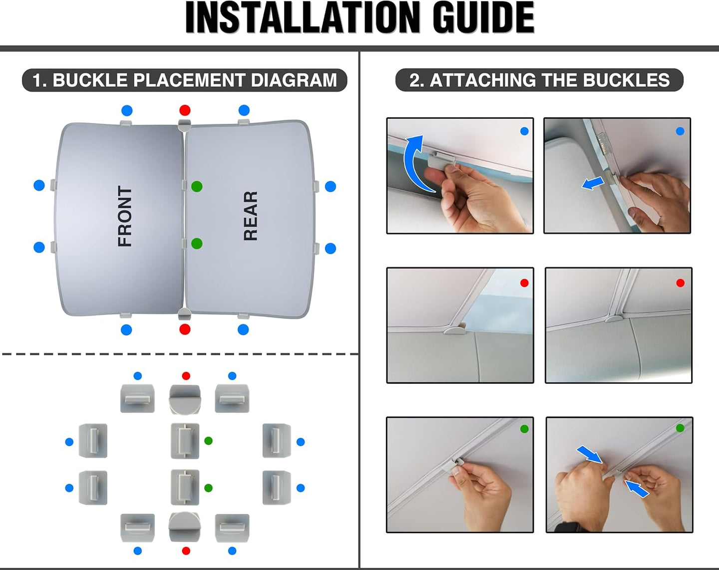 Installation guide for buckles of tesla roof shade with labeled parts and step-by-step instructions.