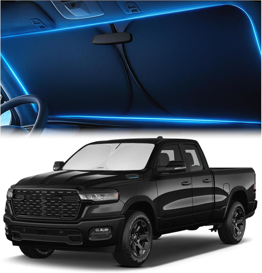 Black pickup truck with a close-up of a car interior on a blue background
