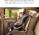 Roller side window sunshade with mesh fabric installed next to a child car seat, helping reduce glare without blocking the view.