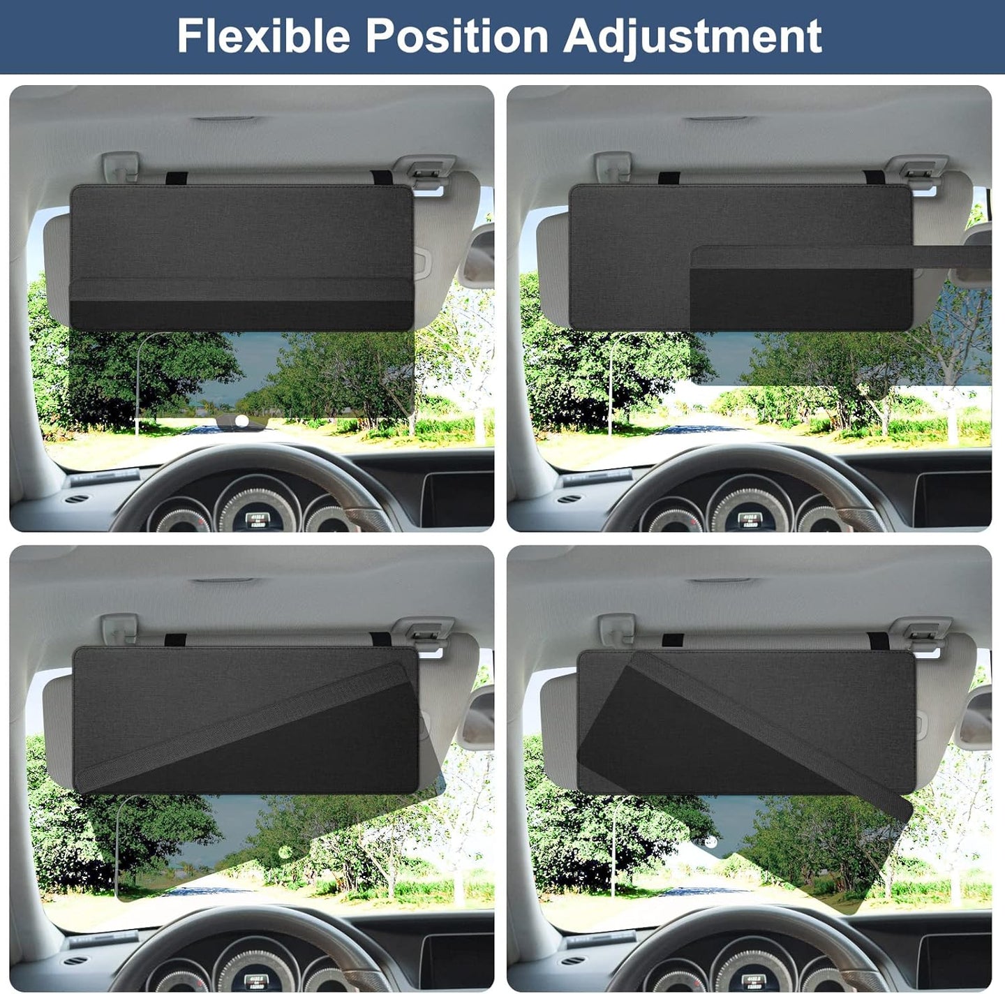 Infographic showing a car sun visor with flexible position adjustment, demonstrating multiple angles and coverage options while driving.