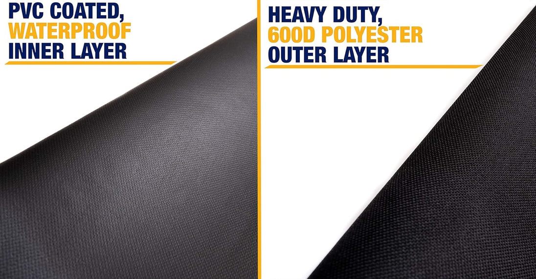 Comparison of PVC-coated, waterproof inner layer and heavy-duty, good polyester outer layer on a black fabric background.