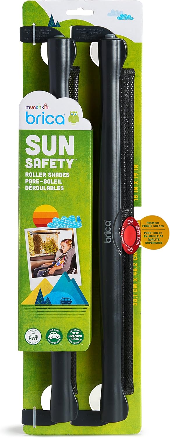 Brica sun safety roller shades packaging with green and white design