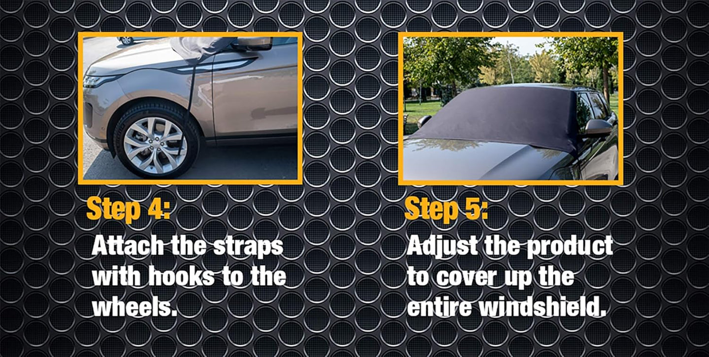 Instructions for using a car windshield snow cover with images of a car and text on a black background.