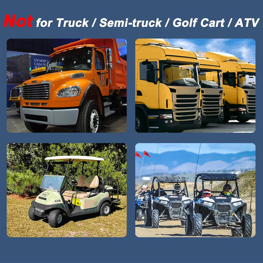 Compatibility notice showing vehicles that the product does not fit, including trucks, golf carts, and ATVs.