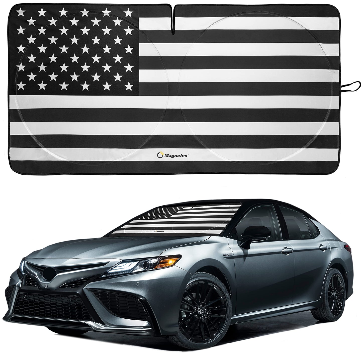 American flag patterned sunshade shown on a Toyota Camry for visual reference.