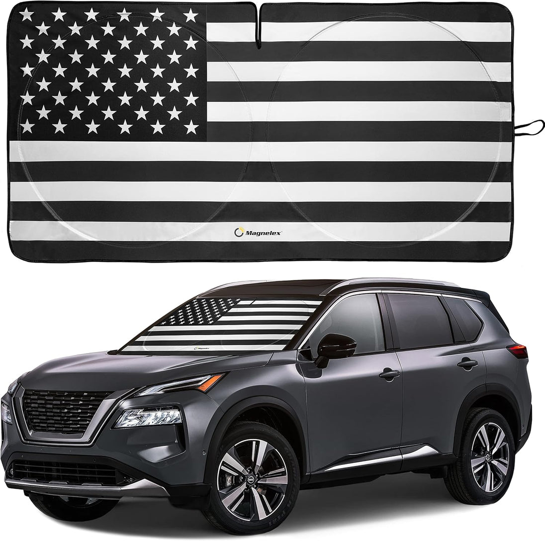 Black & white American flag windshield sunshade shown on a Nissan Rogue (SUV).