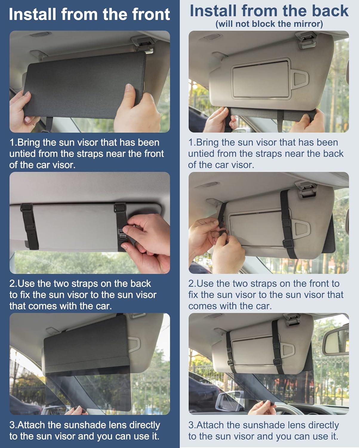 Step-by-step infographic showing how to install a car sun visor from the front or back using adjustable straps, without blocking the rearview mirror.