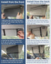 Step-by-step infographic showing how to install a car sun visor from the front or back using adjustable straps, without blocking the rearview mirror.