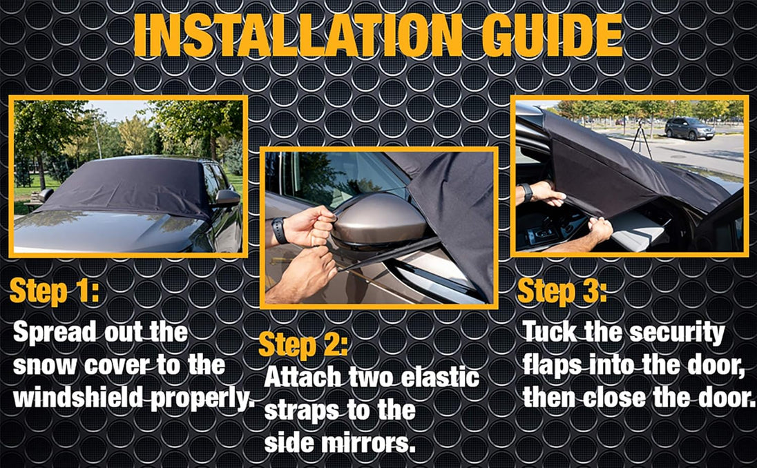 Installation guide for a car snow cover with step-by-step instructions and images.