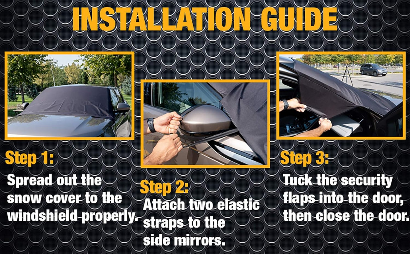 Installation guide for a car snow cover with step-by-step instructions and images.