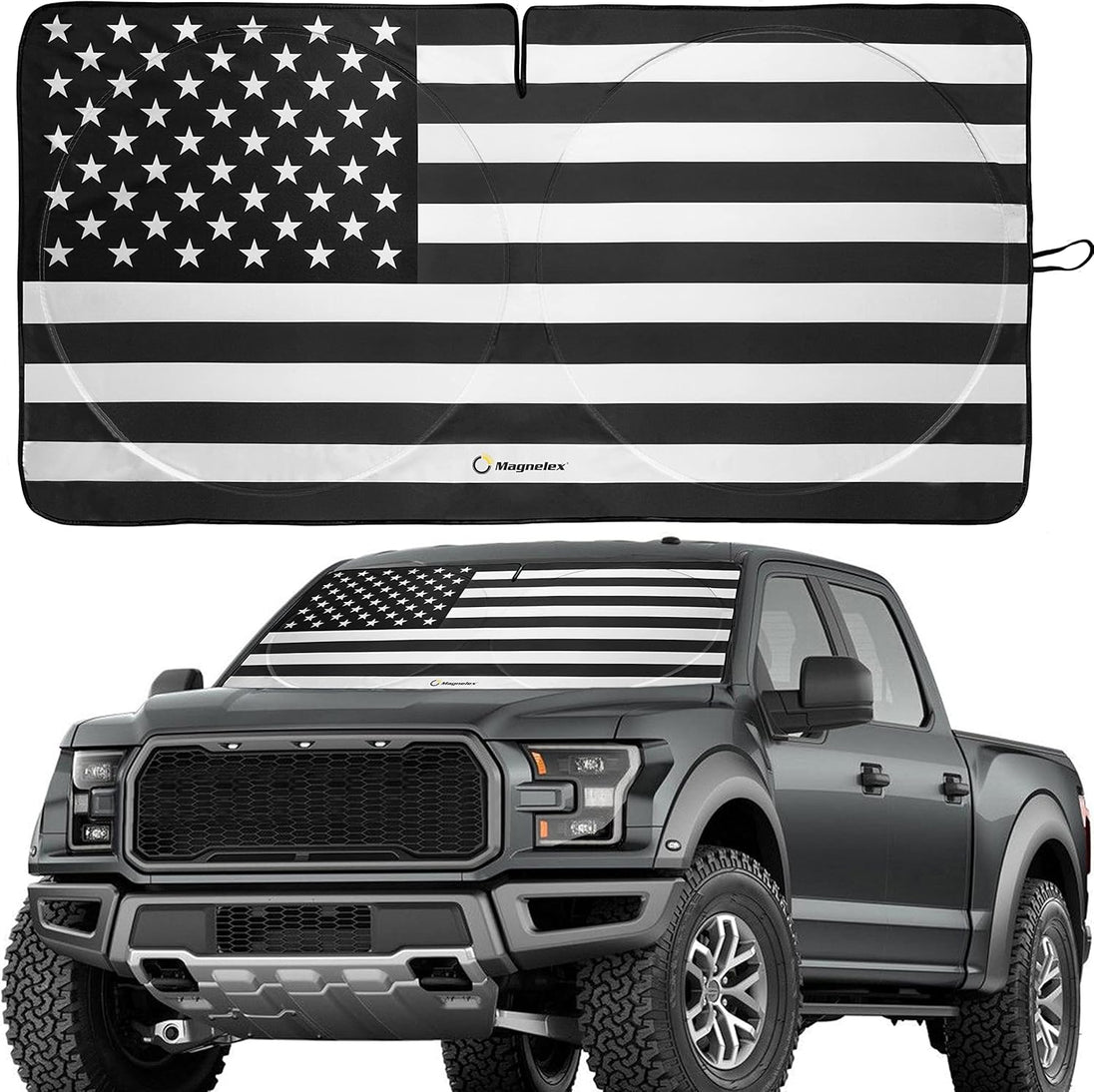 Patriotic black & white American flag sunshade displayed on a Ford F-150 windshield.