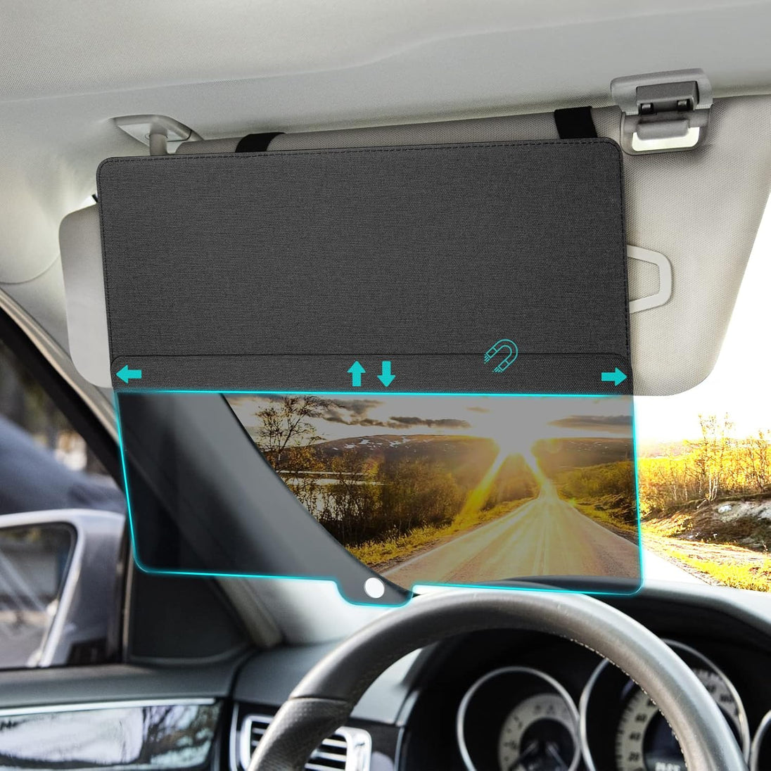 Car sun visor installed on the factory visor, showing an adjustable tinted lens that moves up, down, and side to side to reduce glare while driving.