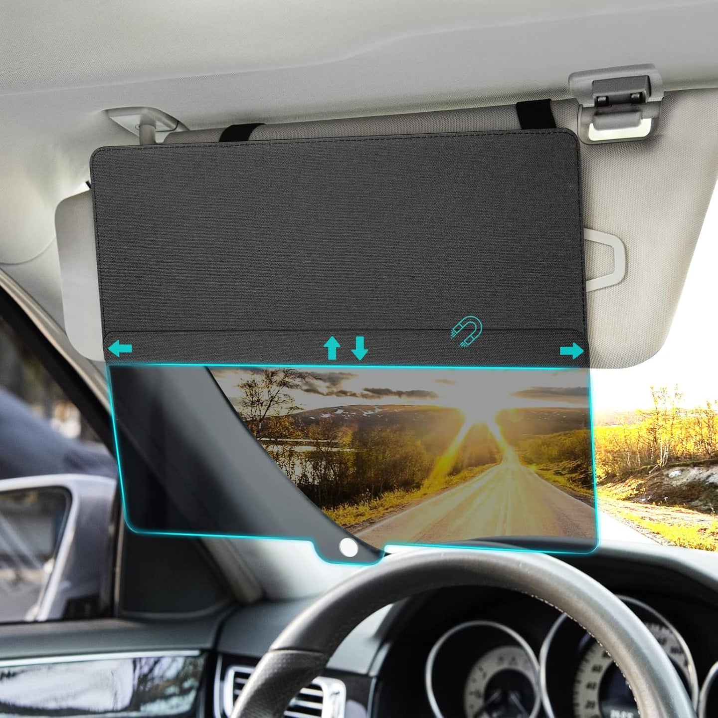 Car sun visor installed on the factory visor, showing an adjustable tinted lens that moves up, down, and side to side to reduce glare while driving.