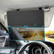 Car sun visor installed on the factory visor, showing an adjustable tinted lens that moves up, down, and side to side to reduce glare while driving.
