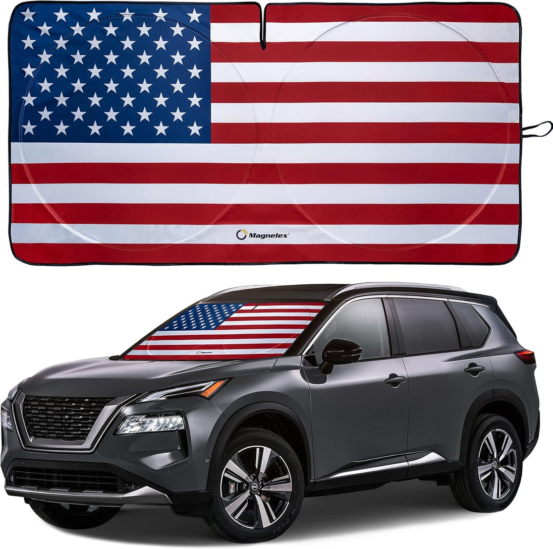 Magnelex American flag windshield sunshade displayed on a Nissan Rogue.